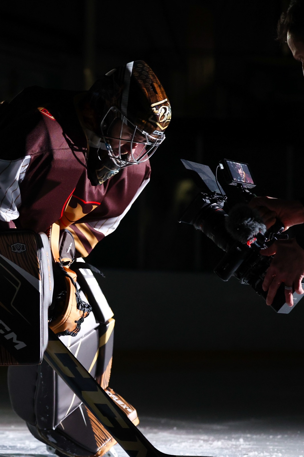 Goalie in CCM gear being filmed during the E-Flex 6 shoot